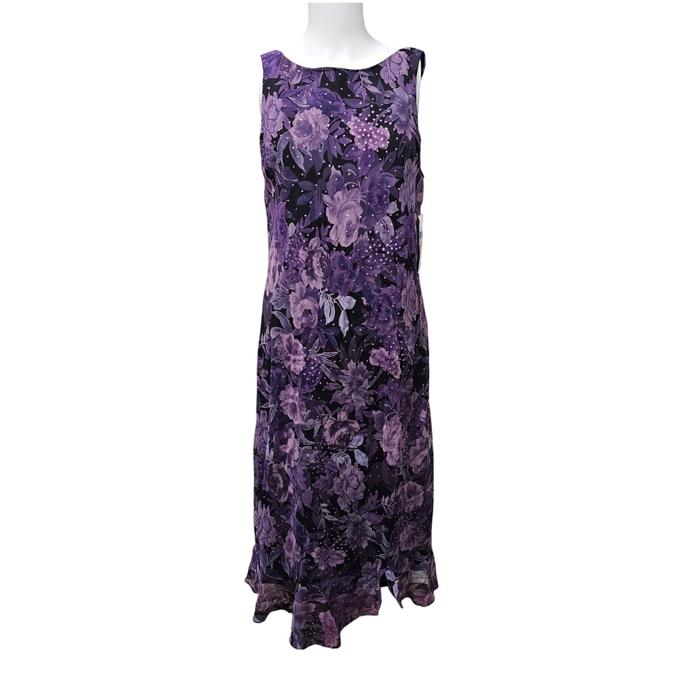 Vintage 16 Purple Floral Midi Slip Dress Glitter Ruffle Hem Wedding Guest Fairy